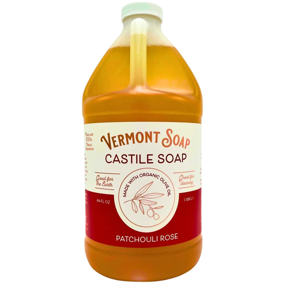 Vermont Soap patchouli rose front bottle showing label and size, clear organic benefit