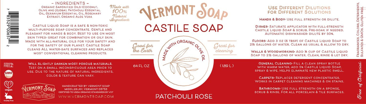 Vermont Soap patchouli rose next to common items for scale, showing large 64 oz value benefit