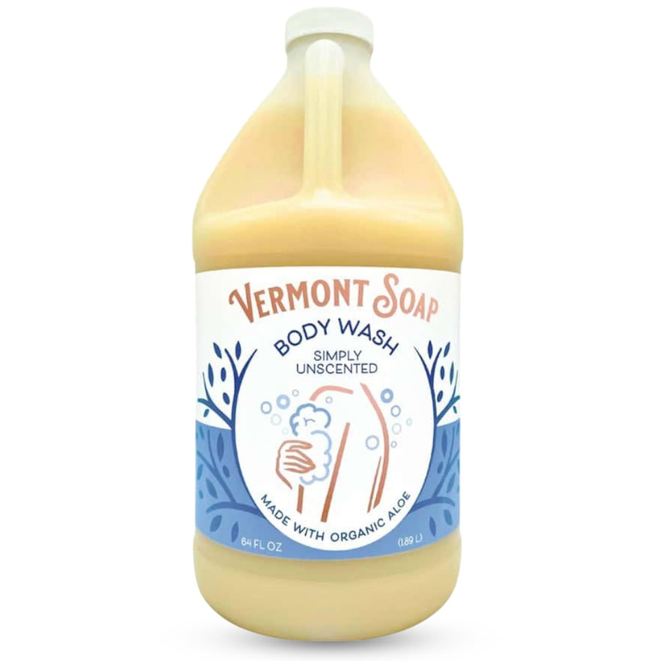 Vermont Soap front bottle showing 64oz size and unscented benefit