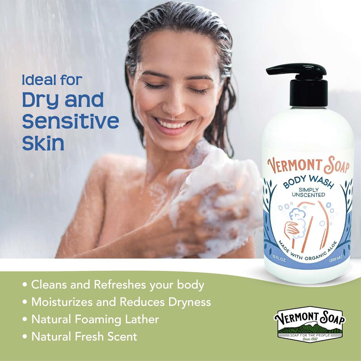 VERMONT SOAP bottle in hand to show 12 oz size and portability