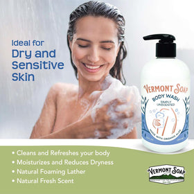VERMONT SOAP bottle in hand to show 12 oz size and portability