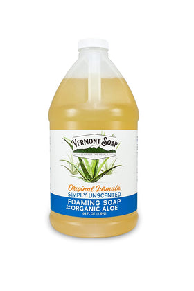 Vermont Soap front label on 64 oz bottle showing unscented refill benefit