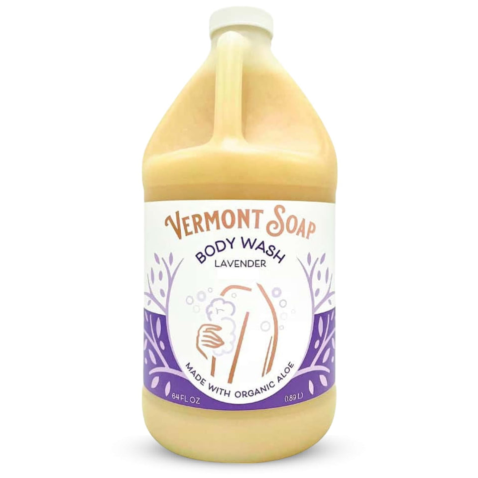 VERMONT SOAP front packaging showing unscented 64 oz bottle and clear benefit