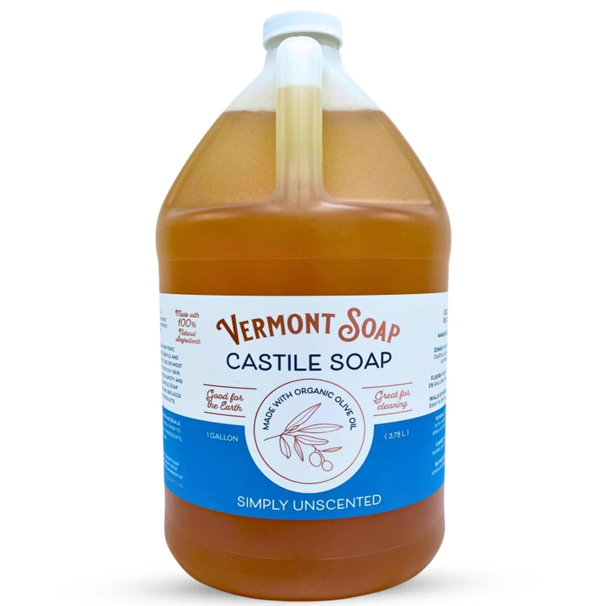 Vermont Soap gallon front label showing organic certification and unscented benefit