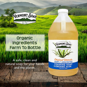 Vermont Soap pump dispensing foam into hands for quick effective cleansing