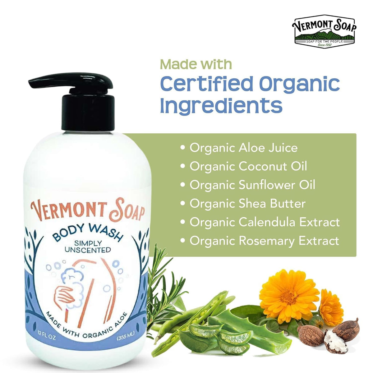 VERMONT SOAP display of organic botanicals used and ethical sourcing benefit