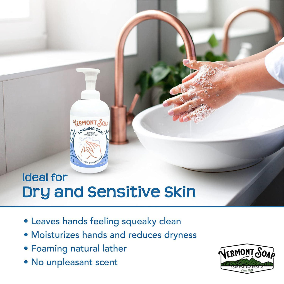 VERMONT SOAP bottle with ingredients list emphasizing organic plant oils and transparency