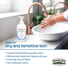VERMONT SOAP bottle with ingredients list emphasizing organic plant oils and transparency
