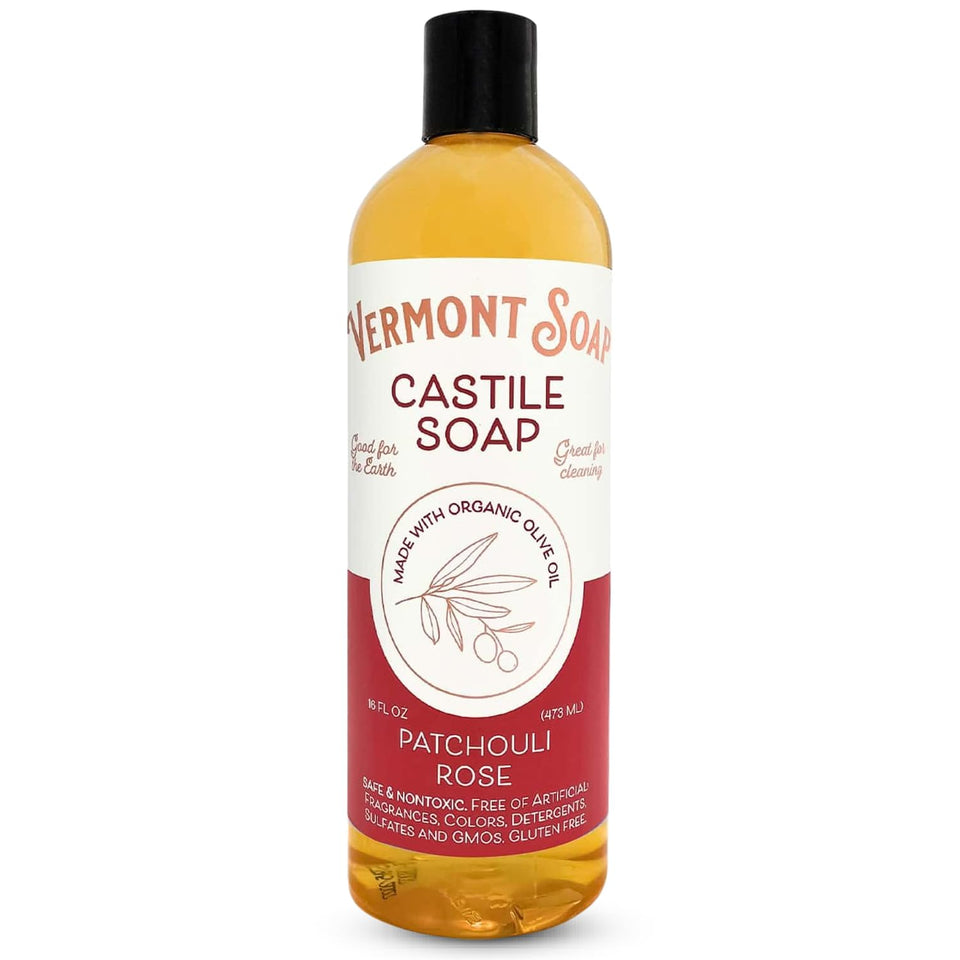Vermont Soap front packaging showing organic Patchouli Rose benefits