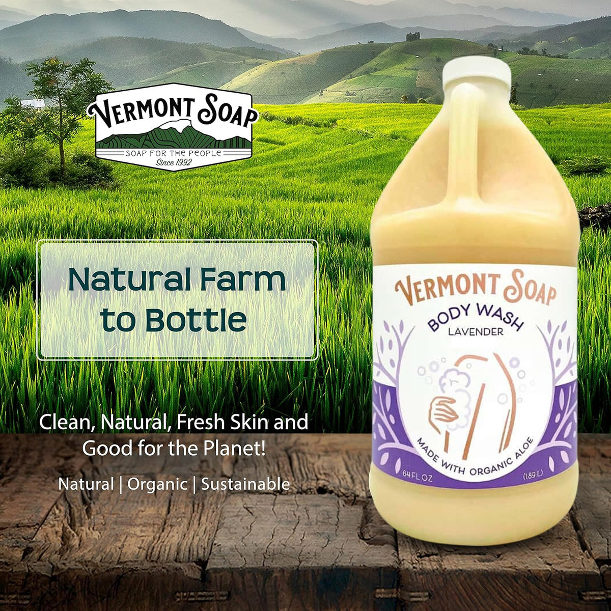 VERMONT SOAP size comparison next to common bottle indicating 64 oz value