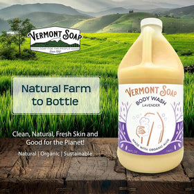 VERMONT SOAP size comparison next to common bottle indicating 64 oz value