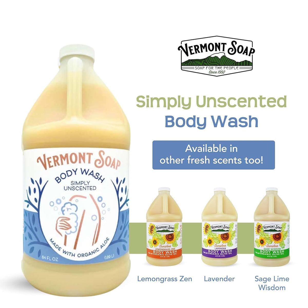 Vermont Soap bottle next to shampoo illustrating large 64oz value