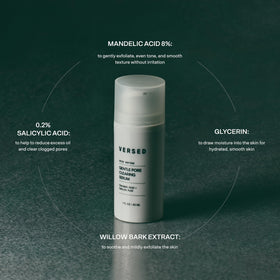 Versed bottle beside ingredient highlights showing acids and glycerin for clarity