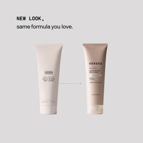 Versed lotion texture close-up showing creamy finish and quick absorption
