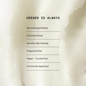 Versed size scale next to hand showing 1.7 fl oz travel-friendly benefit