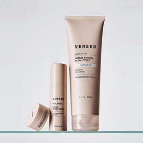Versed jar on bedside table in nighttime routine setting, promoting restful skin care