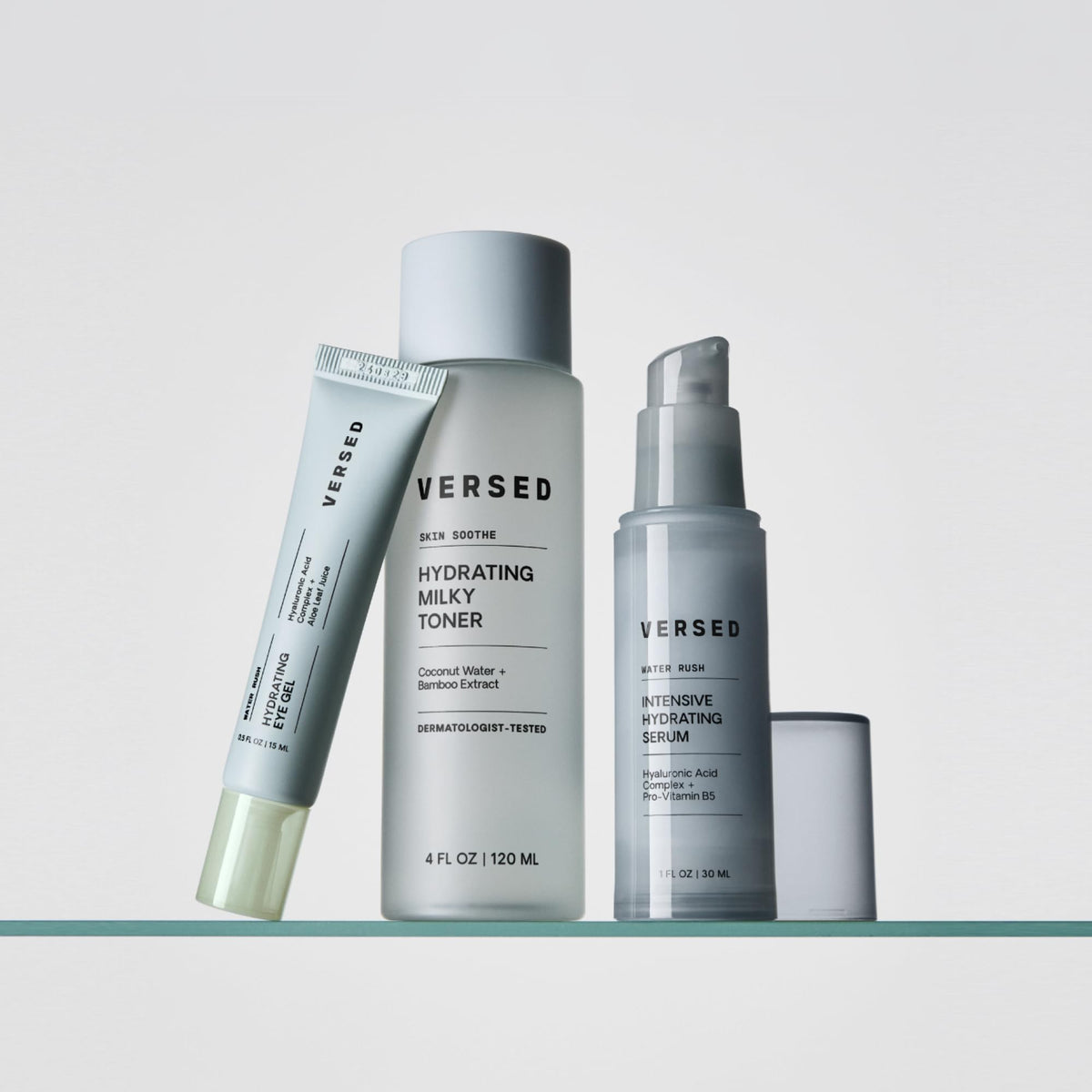Versed Water Rush applied to hand demonstrating fast absorption and dewy finish