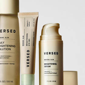 Versed Weekend Glow bottle displayed on bathroom shelf showing everyday routine use