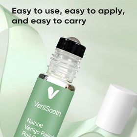 Person applying VERTISOOTH to temples illustrating targeted relief and on-the-go ease
