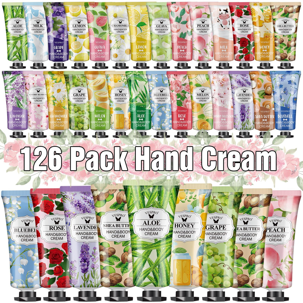 VESPRO front packaging showing 126-count assorted mini hand creams for gifting