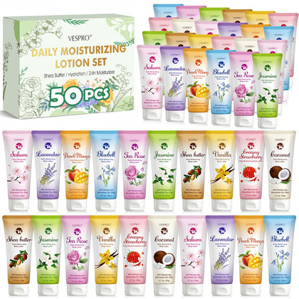 VESPRO front view of 50-pack bulk lotion set showing bottles and scent variety benefits gifting