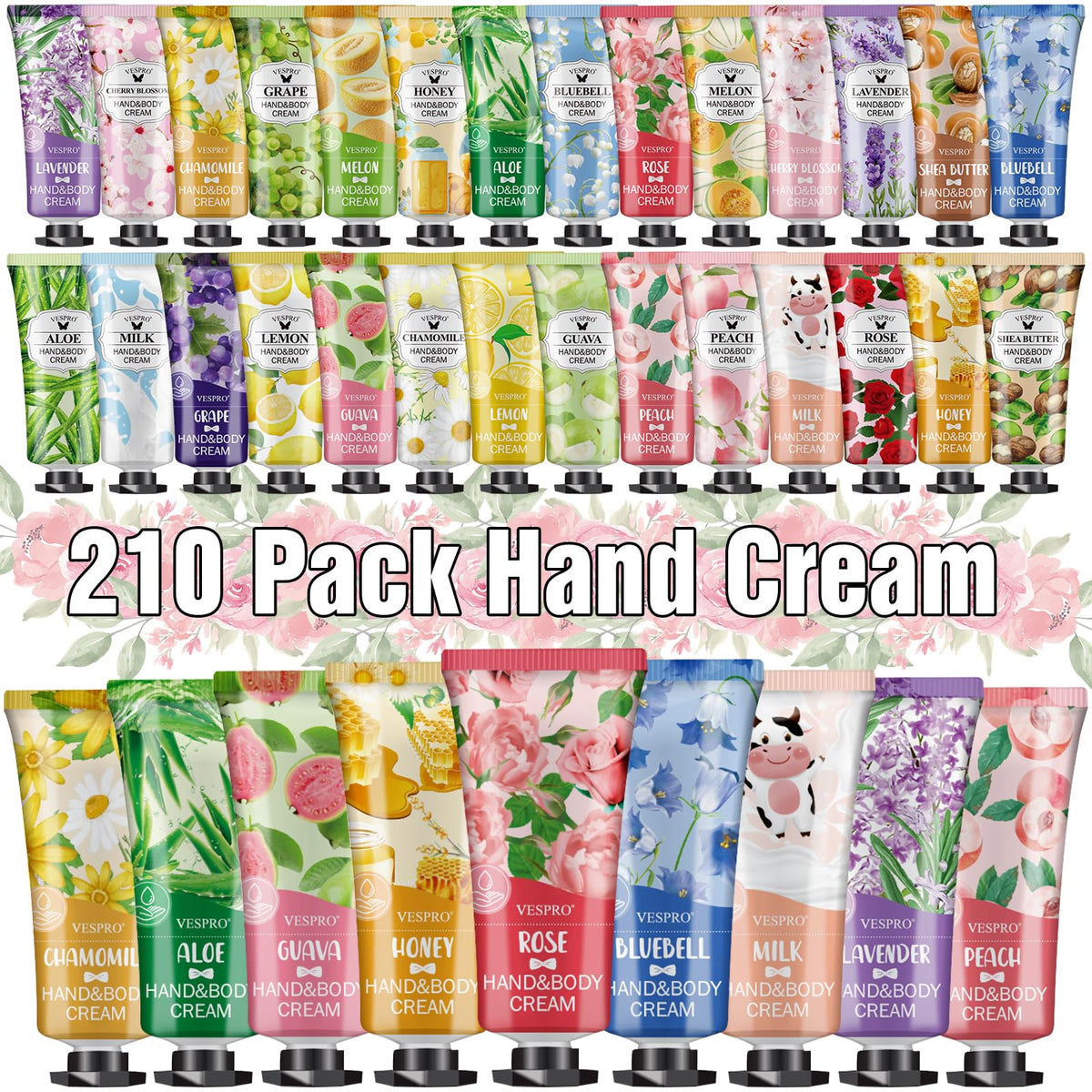 VESPRO front packaging showing 210 travel hand cream tubes and variety benefit