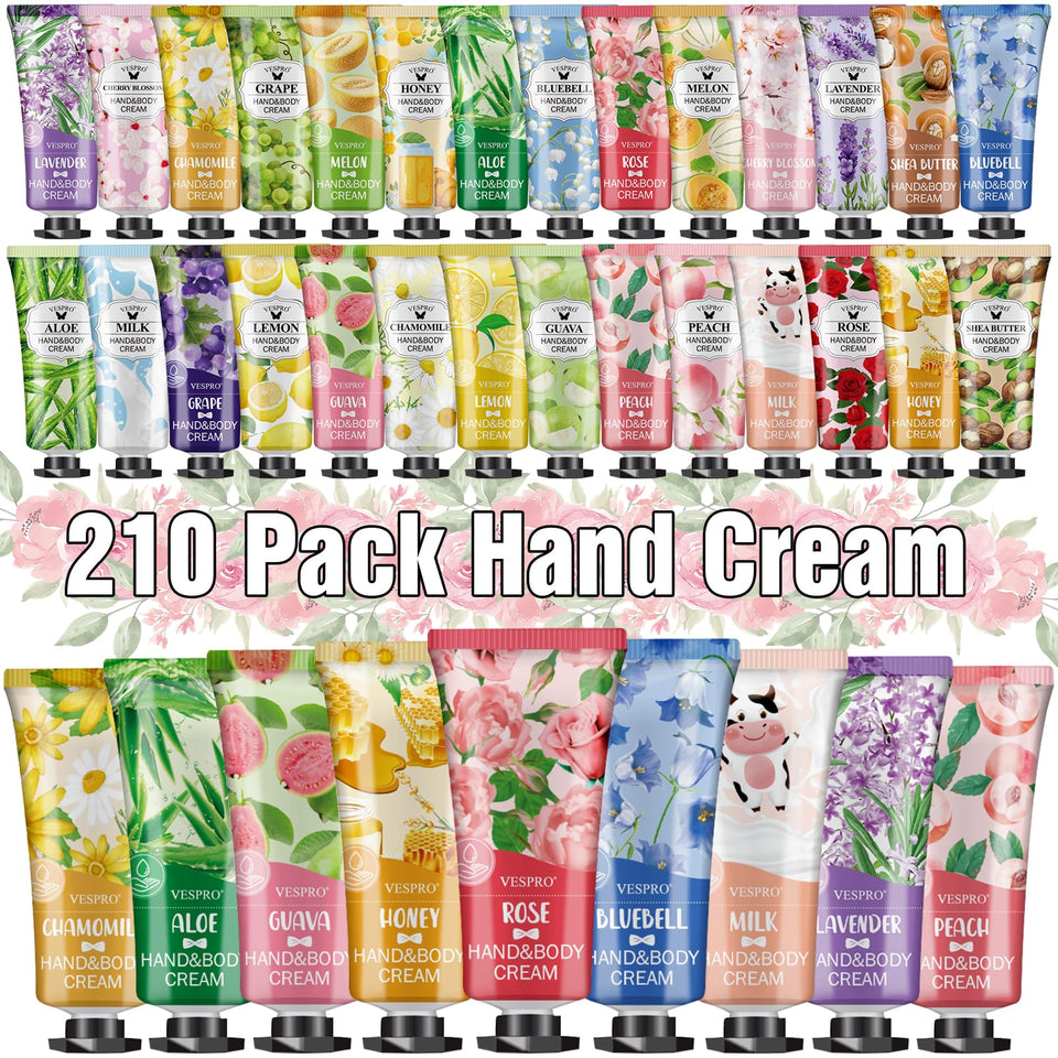 VESPRO front packaging showing 210 travel hand cream tubes and variety benefit