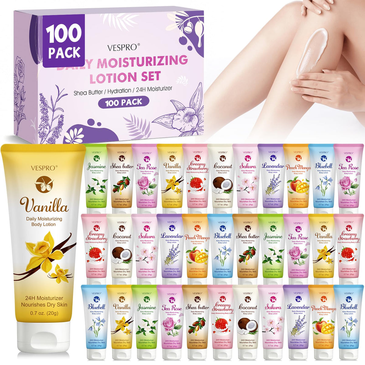 VESPRO front packaging showing 100 mini lotion tubes and variety