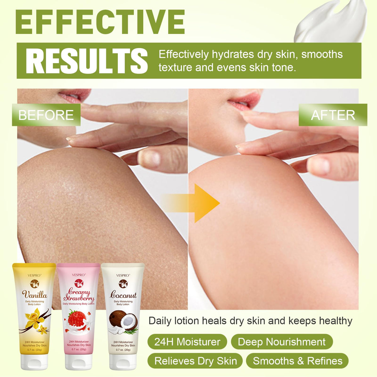 VESPRO lotion applied to hand demonstrating fast absorption and non-greasy benefit