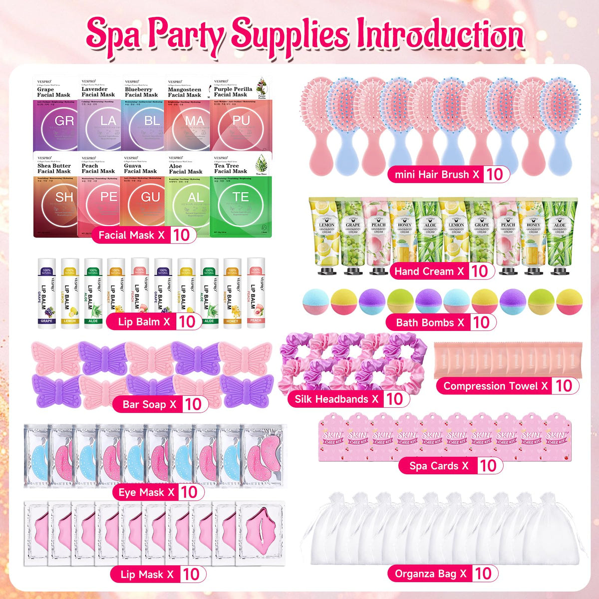 VESPRO open organza bags displaying ten individual spa favor sets for easy gifting