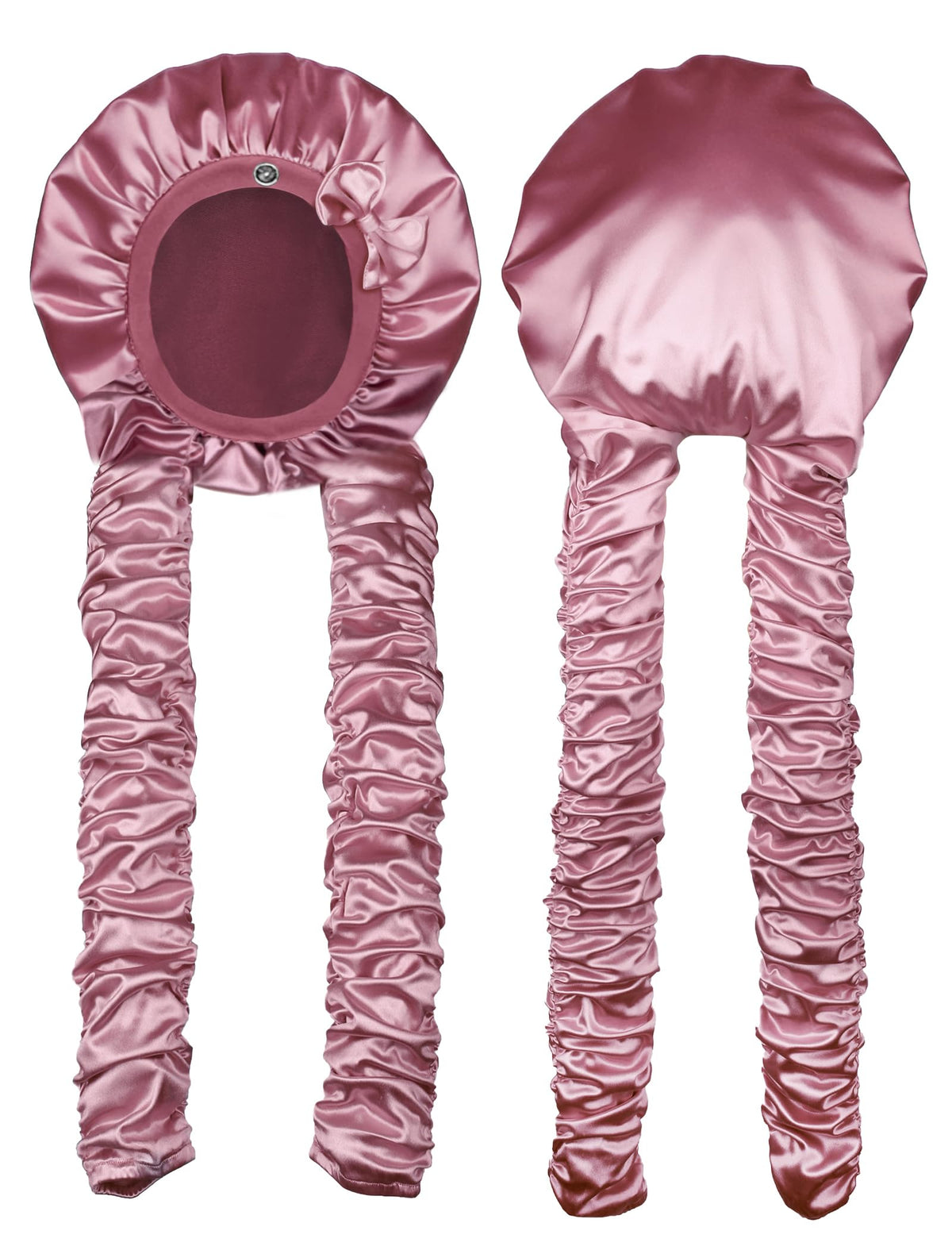 Vettres front view of pink satin bonnet showing fit and secure band benefit