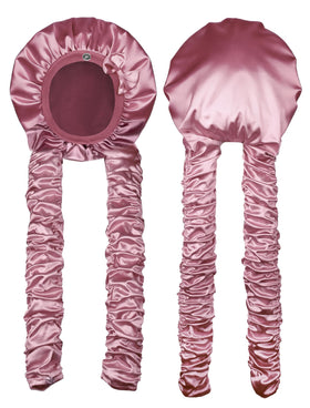 Vettres front view of pink satin bonnet showing fit and secure band benefit