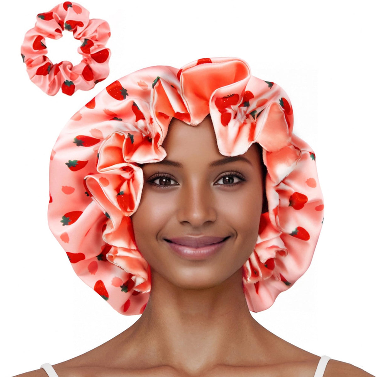 Vettres bonnet front view showing pink strawberries print and secure fit