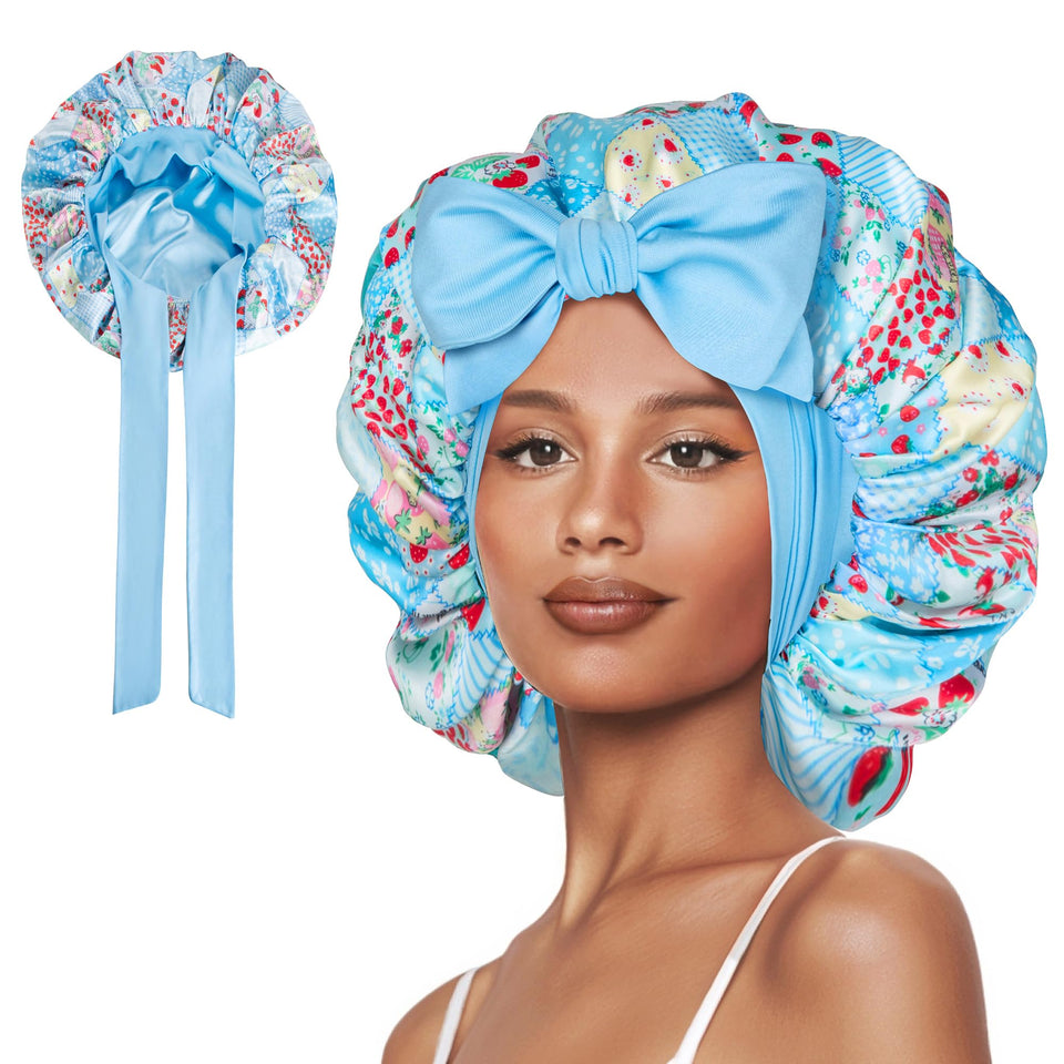 Vettres front view of bonnet showing full coverage and stylish design benefit: protects hair