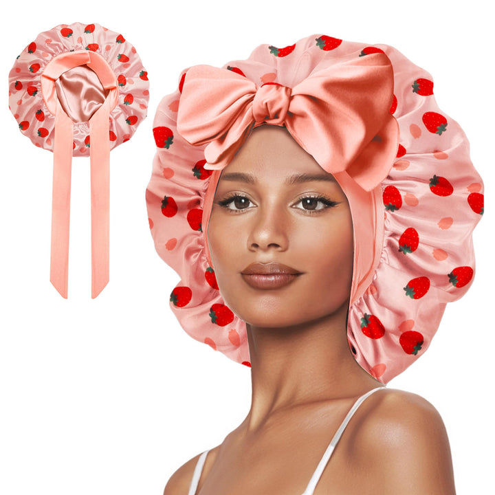 Vettres front view strawberry print bonnet showing full coverage and style benefit
