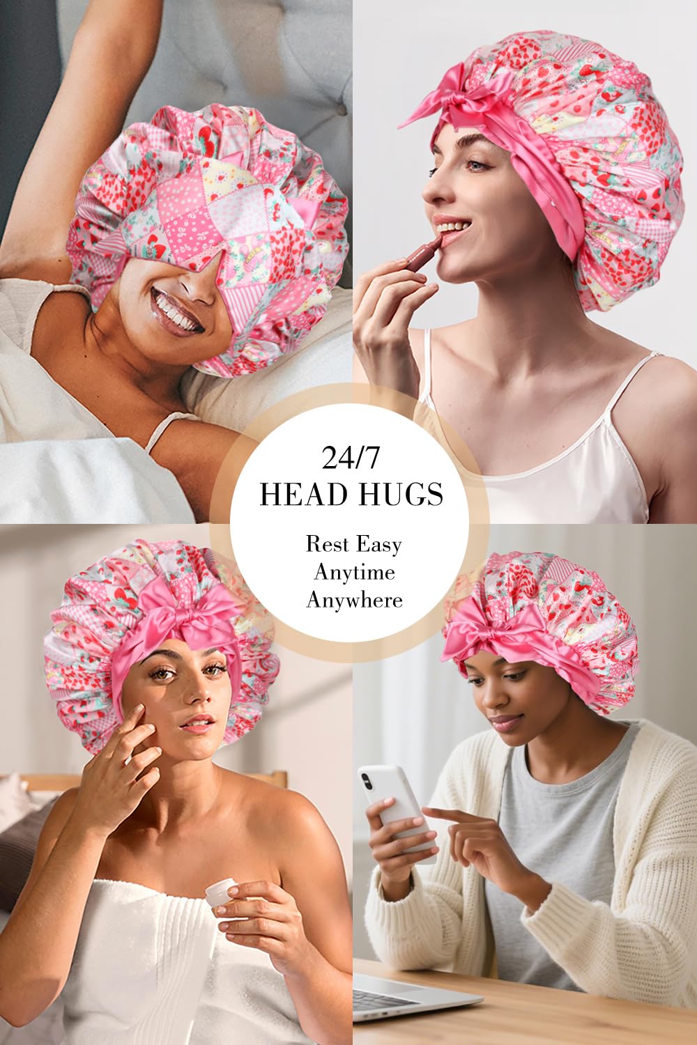 Vettres bonnet in bathroom self-care setting promoting overnight hair protection