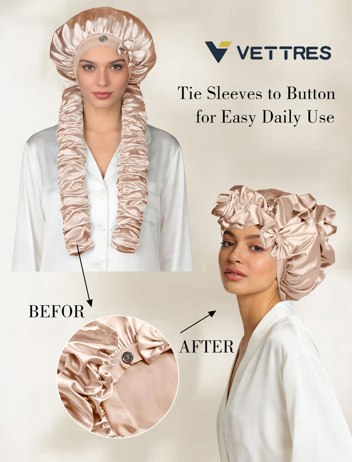 Vettres bonnet holding long braids to prevent tangles and preserve moisture
