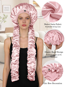 Vettres on model sleeping with bonnet keeping long hair tucked and protected