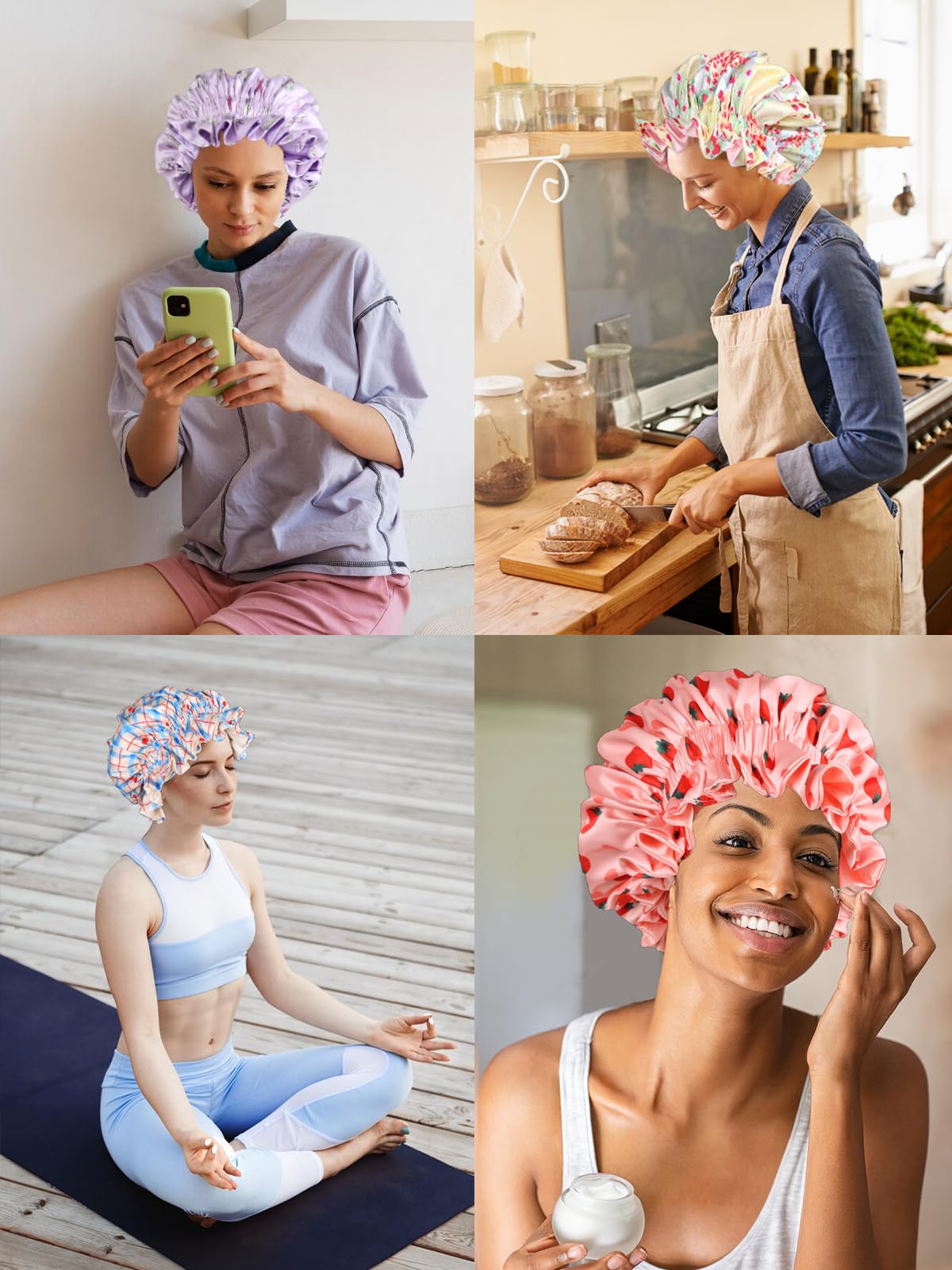 Vettres model wearing bonnet while sleeping to preserve curls overnight