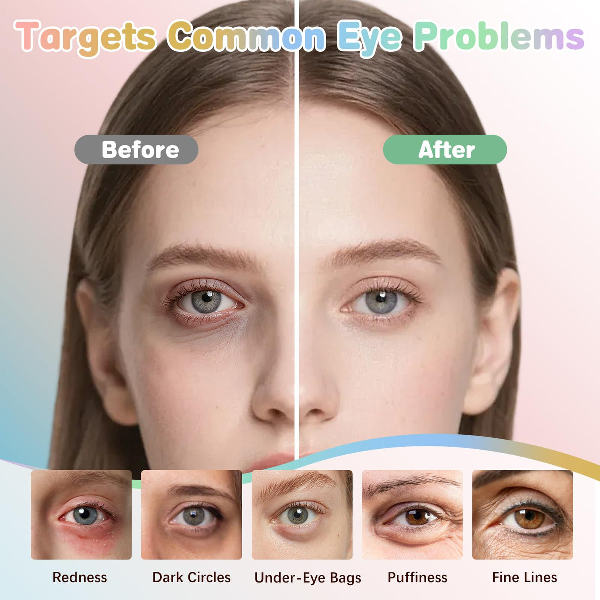 Vetuslumen five-formula display laid out to show variety for targeted under-eye care