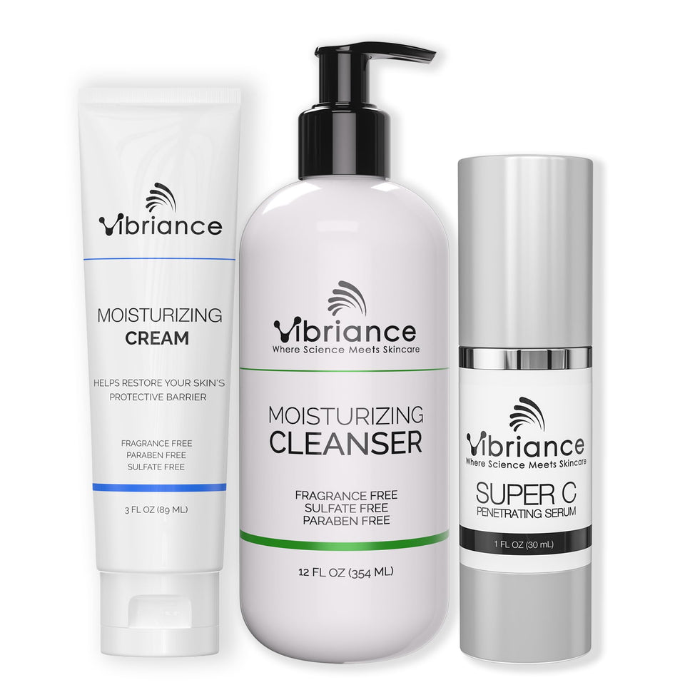 Vibriance front packaging showing full skincare bundle for daily routine