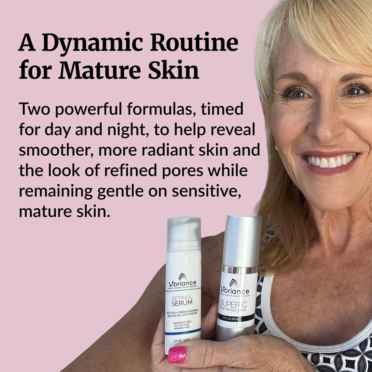 Person applying Vibriance Super C serum in morning for antioxidant protection and hydrated look