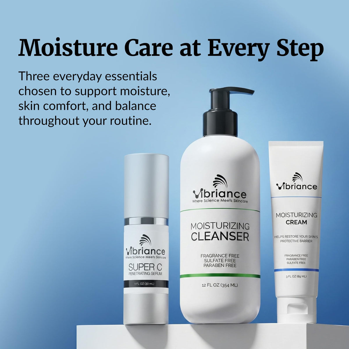 Vibriance Moisturizing Cream pump with cream showing quick-absorbing hydration