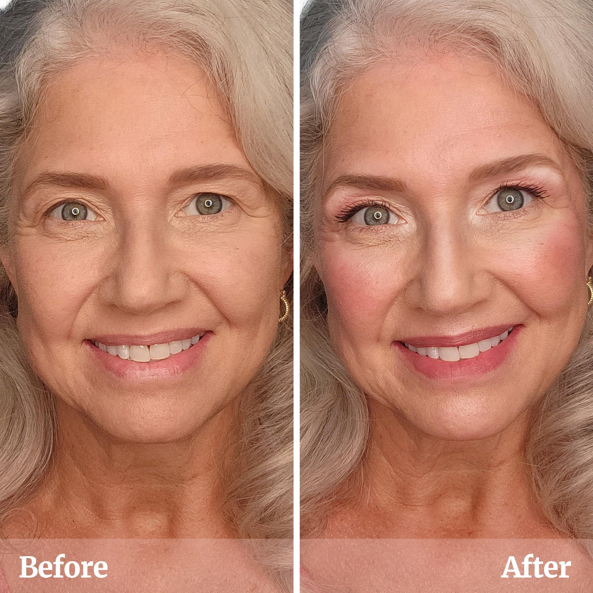Vibriance cheek before and after comparison showing fresh dewy glow benefit