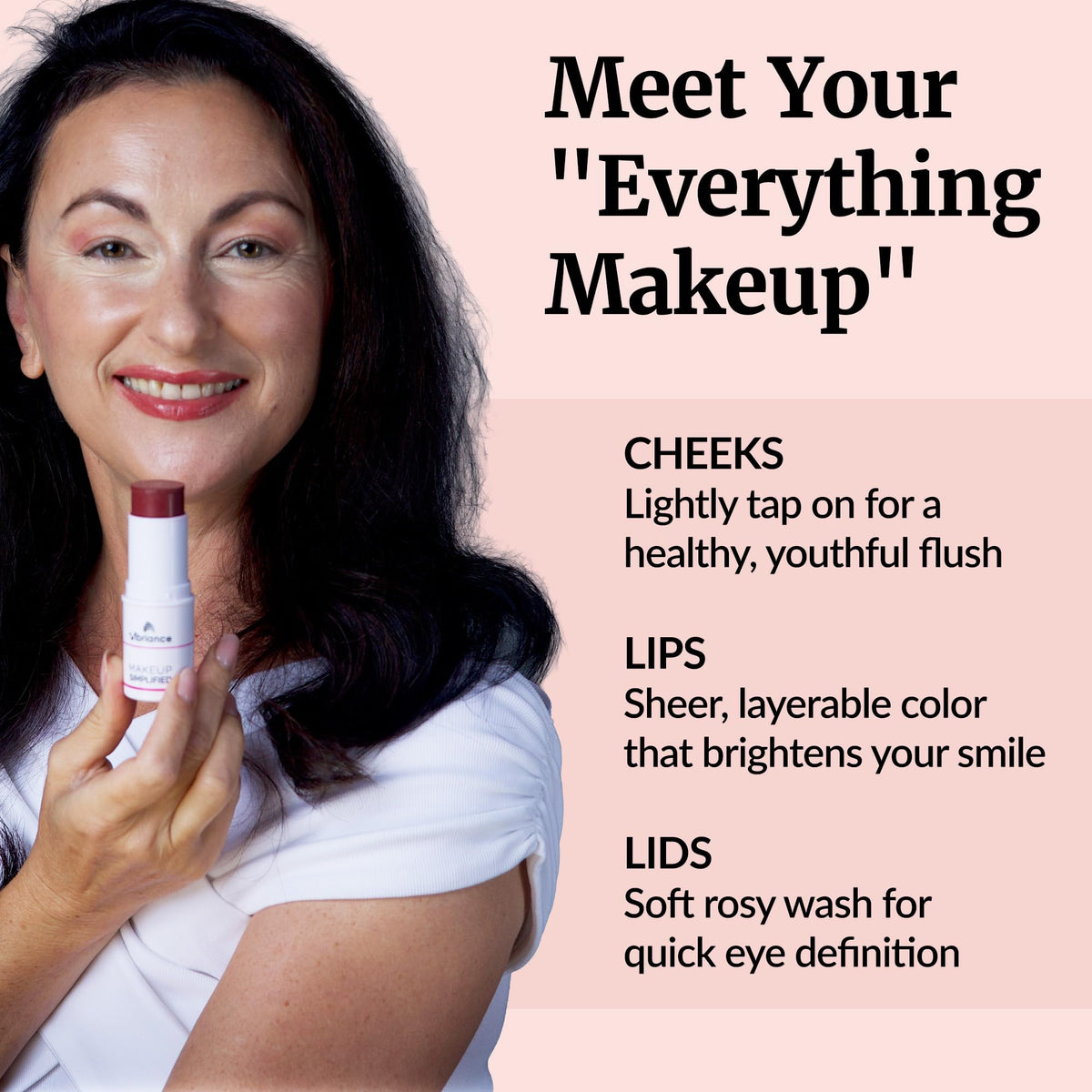 Vibriance stick held in hand while applying, showing easy targeted application benefit