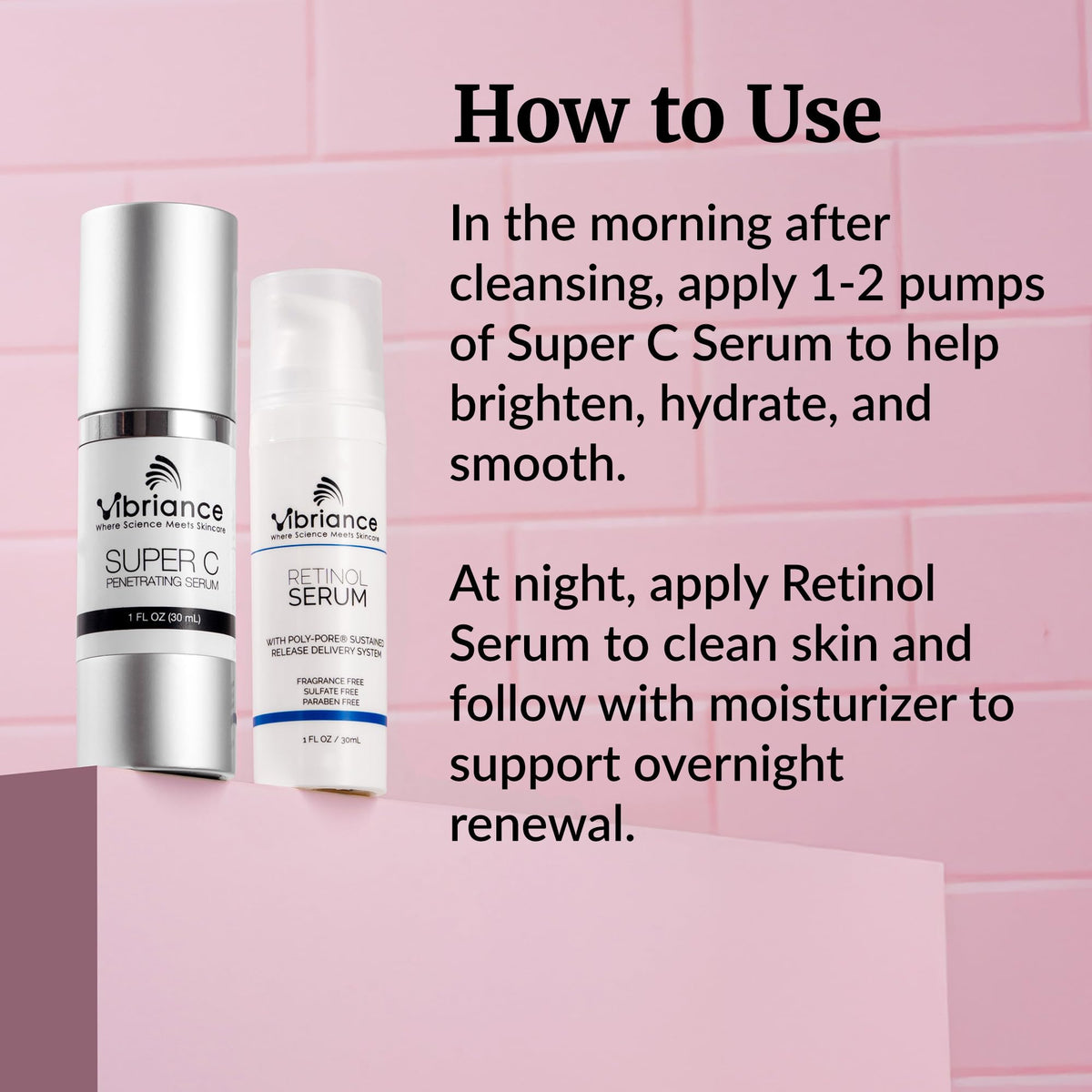 Vibriance retinol serum pump close-up showing silky texture to smooth and refine skin overnight