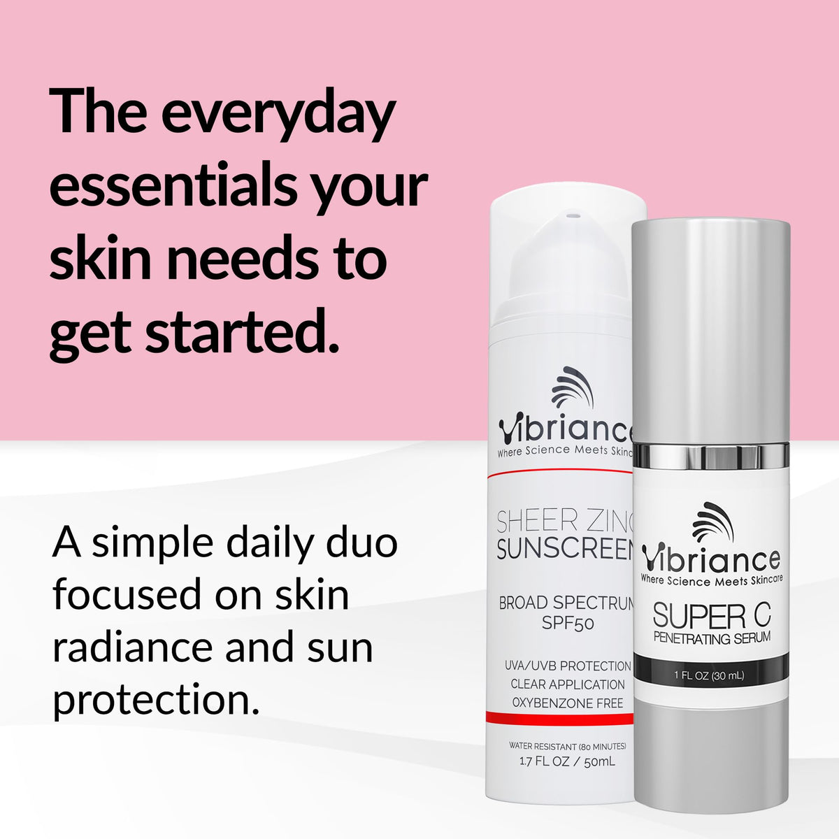 Vibriance Sheer Zinc SPF 50 front packaging indicating clear broad-spectrum protection