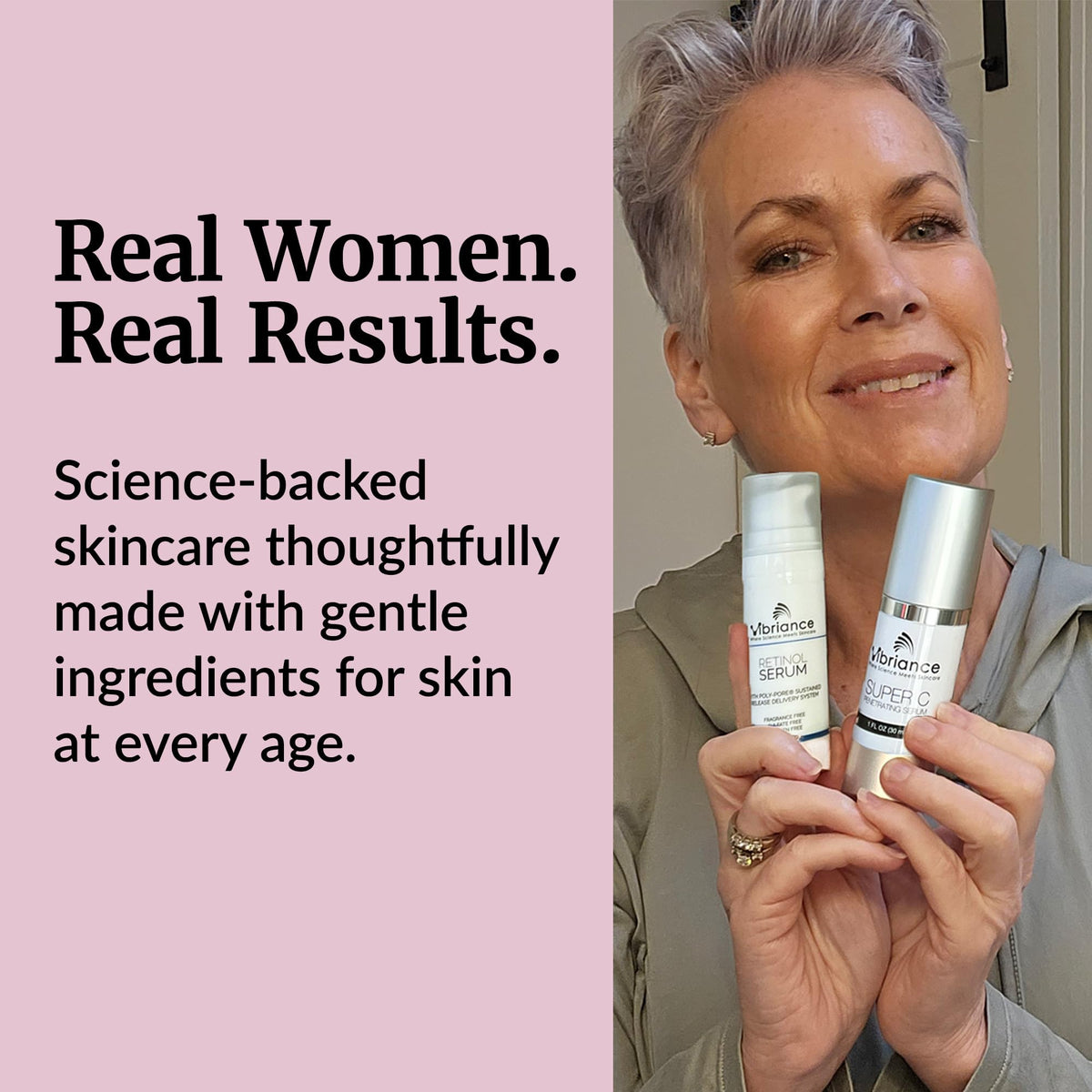 Vibriance serums in hand for scale showing compact bottles that fit into daily skincare routines