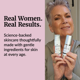 Vibriance serums in hand for scale showing compact bottles that fit into daily skincare routines
