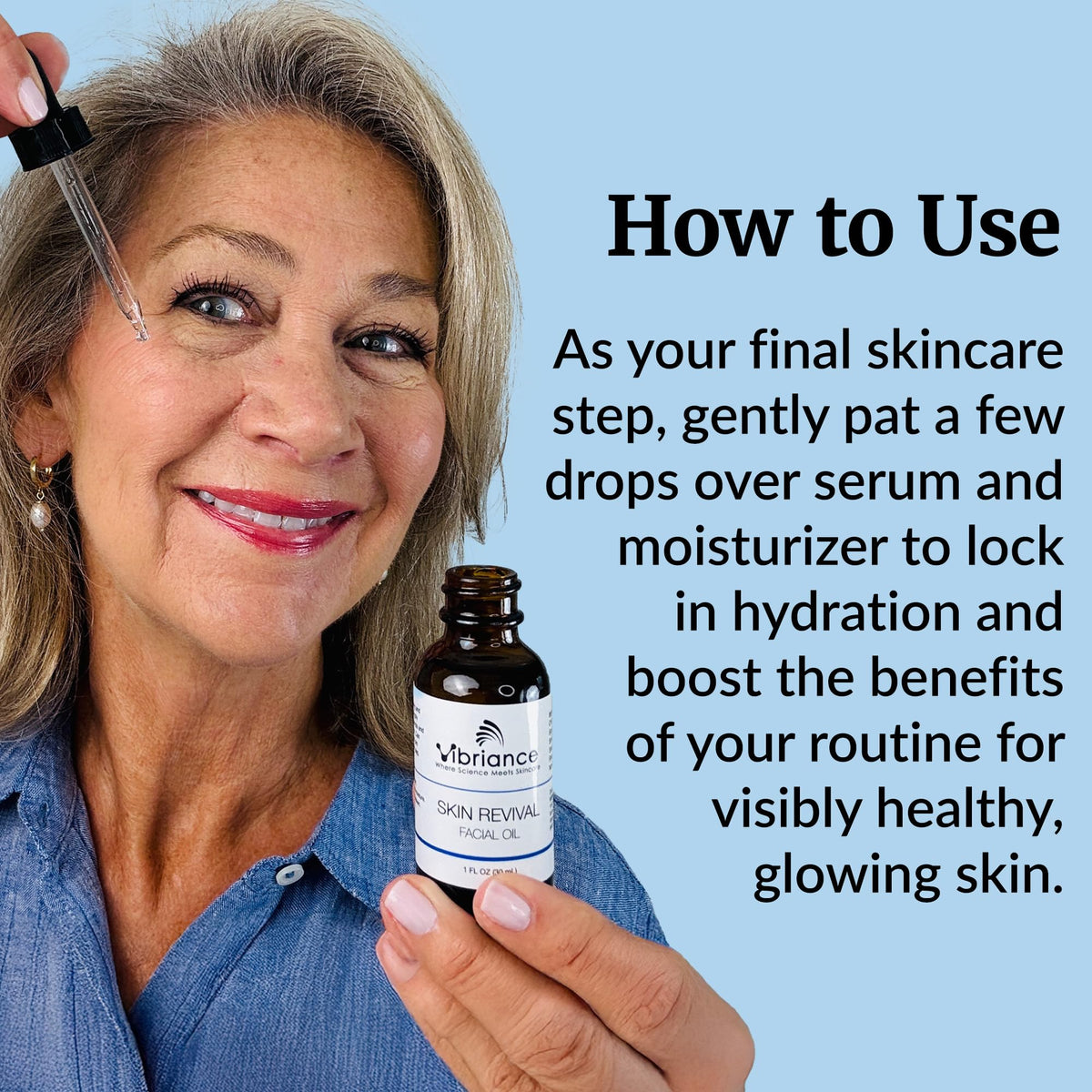 Vibriance facial oil texture on hand, demonstrating lightweight absorption benefit